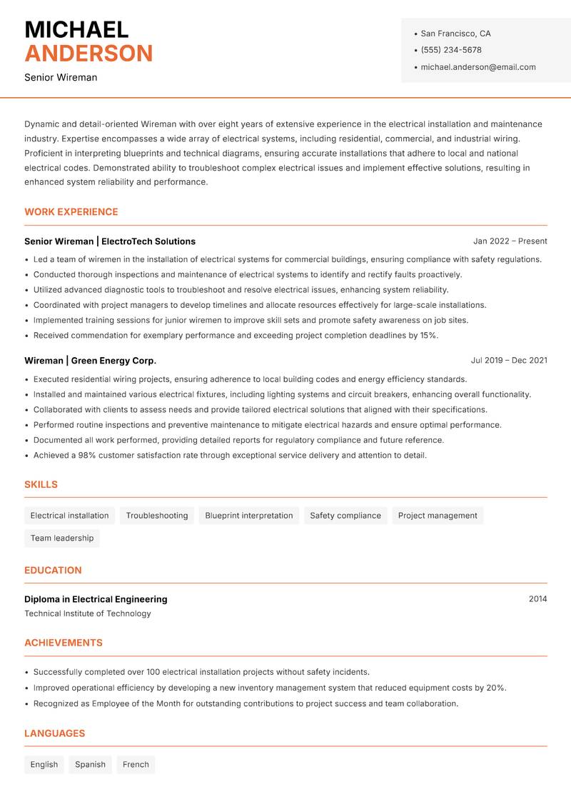 Wireman resume sample — Senior Wireman focus