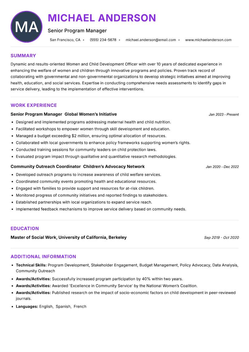 Women and Child Development Officer resume example