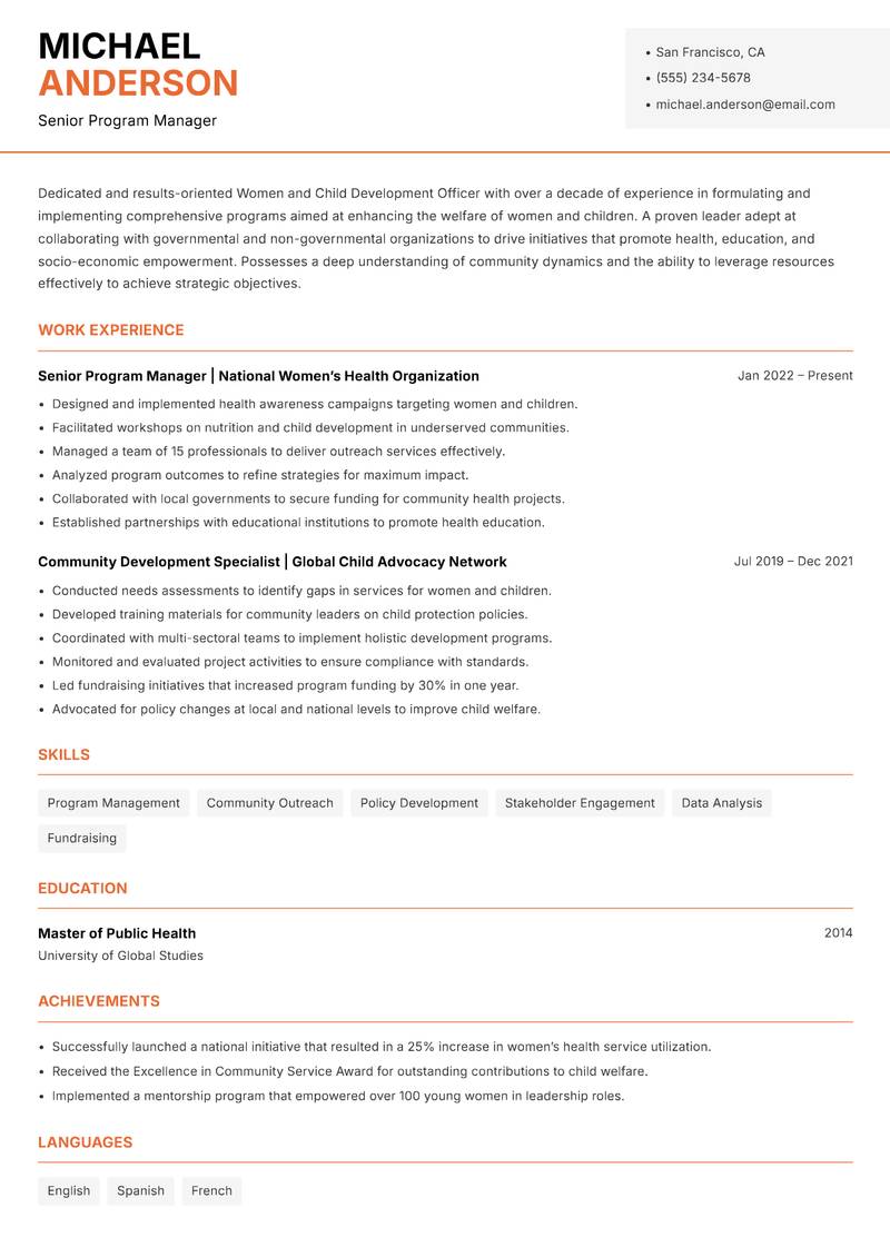 Women and Child Development Officer resume sample — Senior Program Manager focus