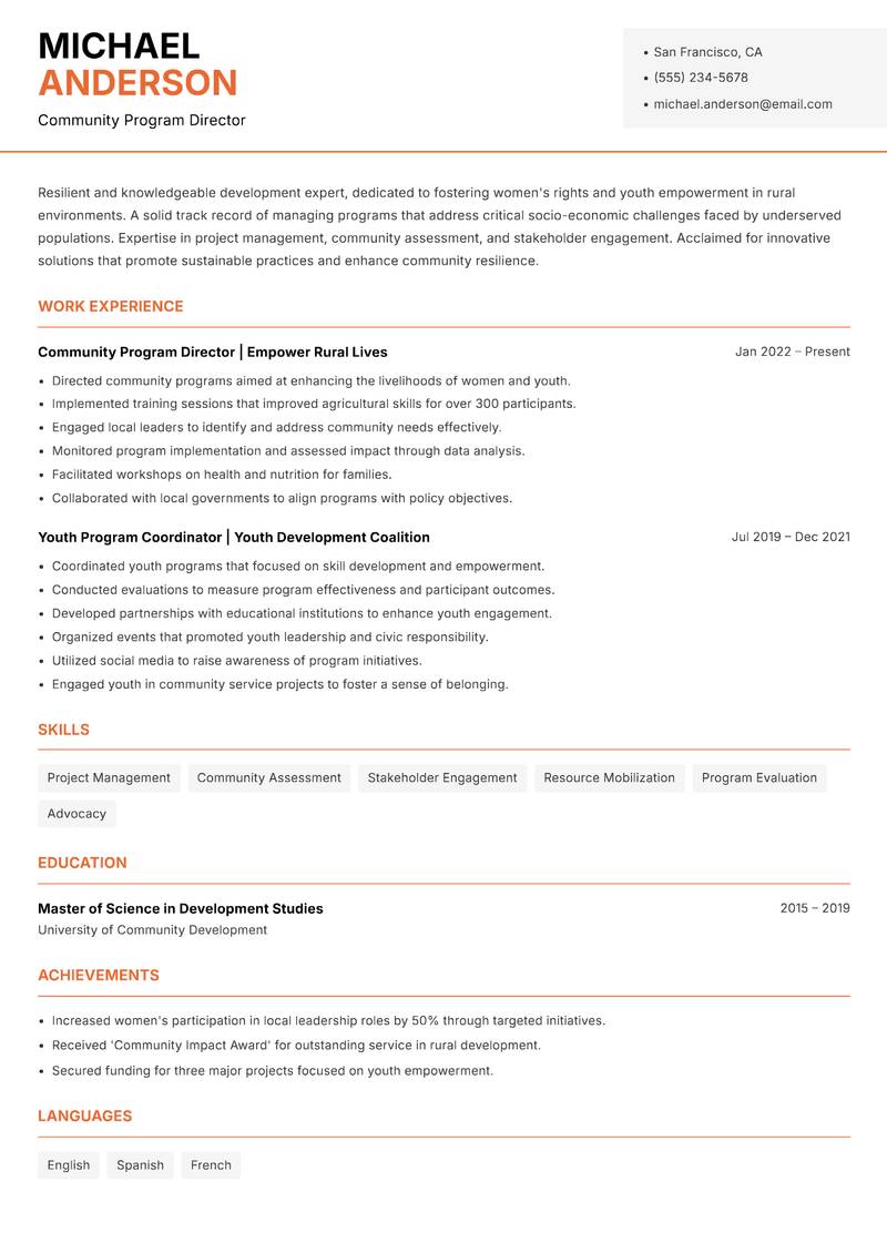 Women and Youth Development Officer Rural resume sample — Community Program Director focus
