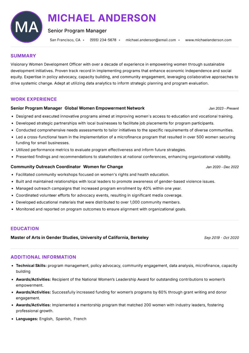 Women Development Officer resume example