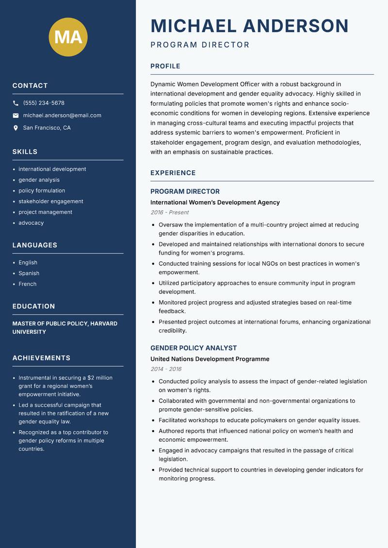 Women Development Officer resume sample — Program Director focus