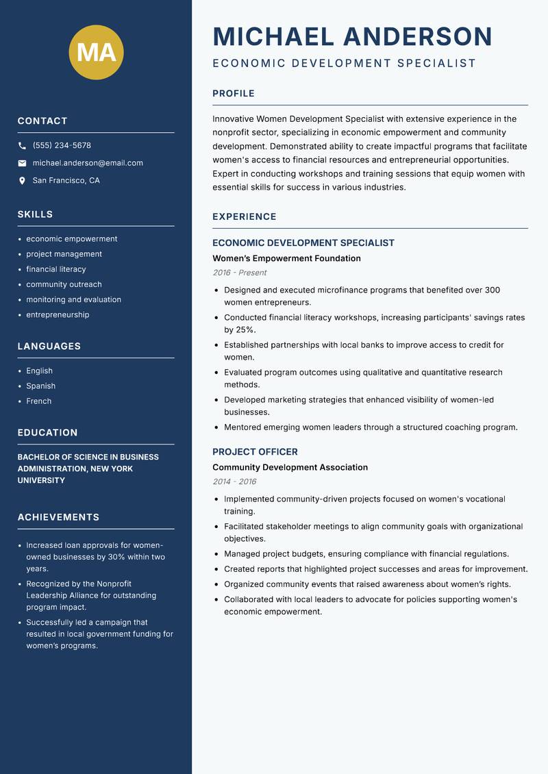 Women Development Specialist resume sample — Economic Development Specialist focus