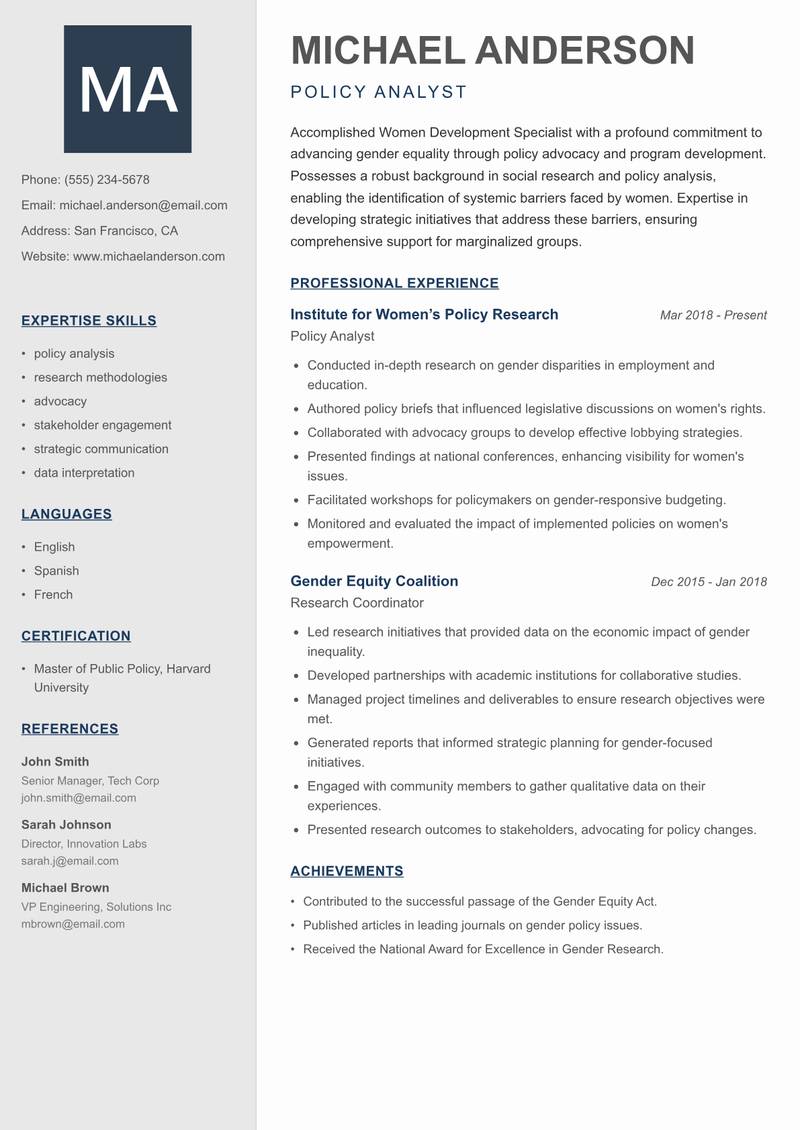 Women Development Specialist resume sample — Policy Analyst focus