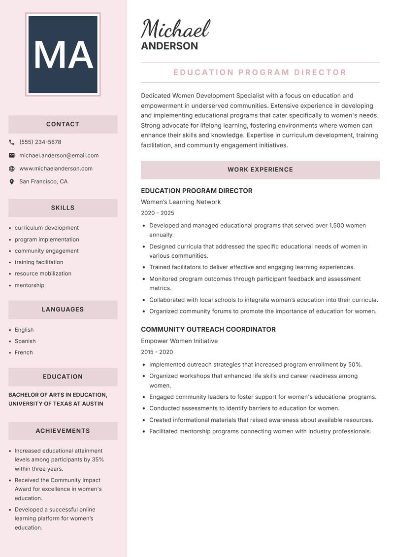 Women Development Specialist resume sample — Education Program Director focus