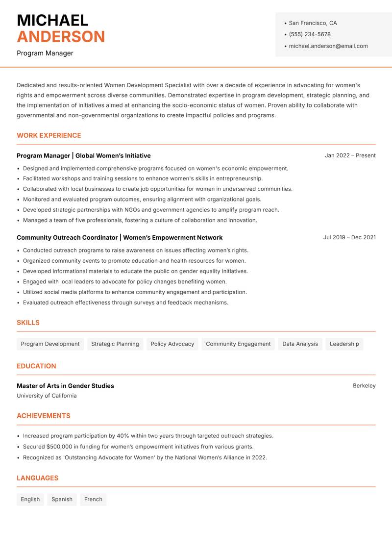 Women Development Specialist resume sample — Program Manager focus