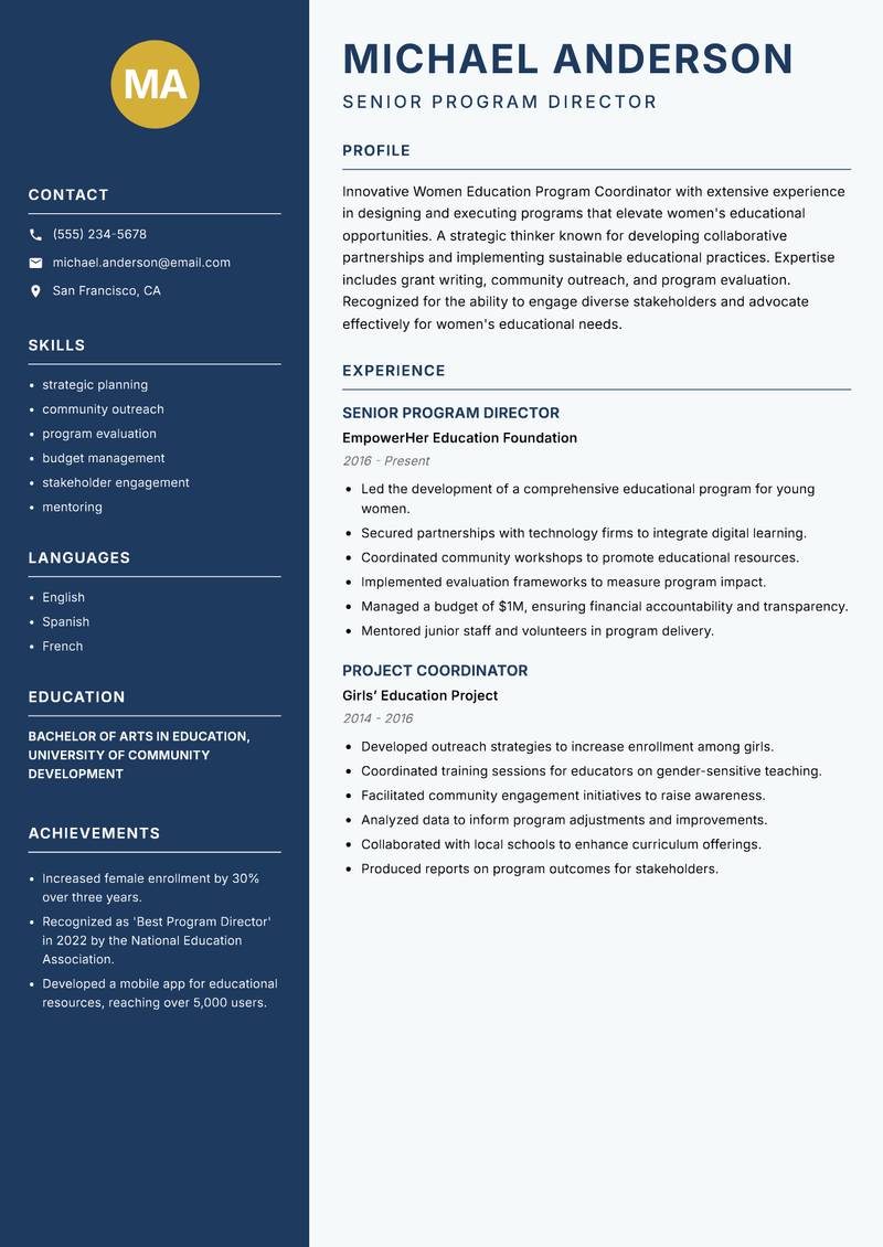 Women Education Program Coordinator resume sample — Senior Program Director focus