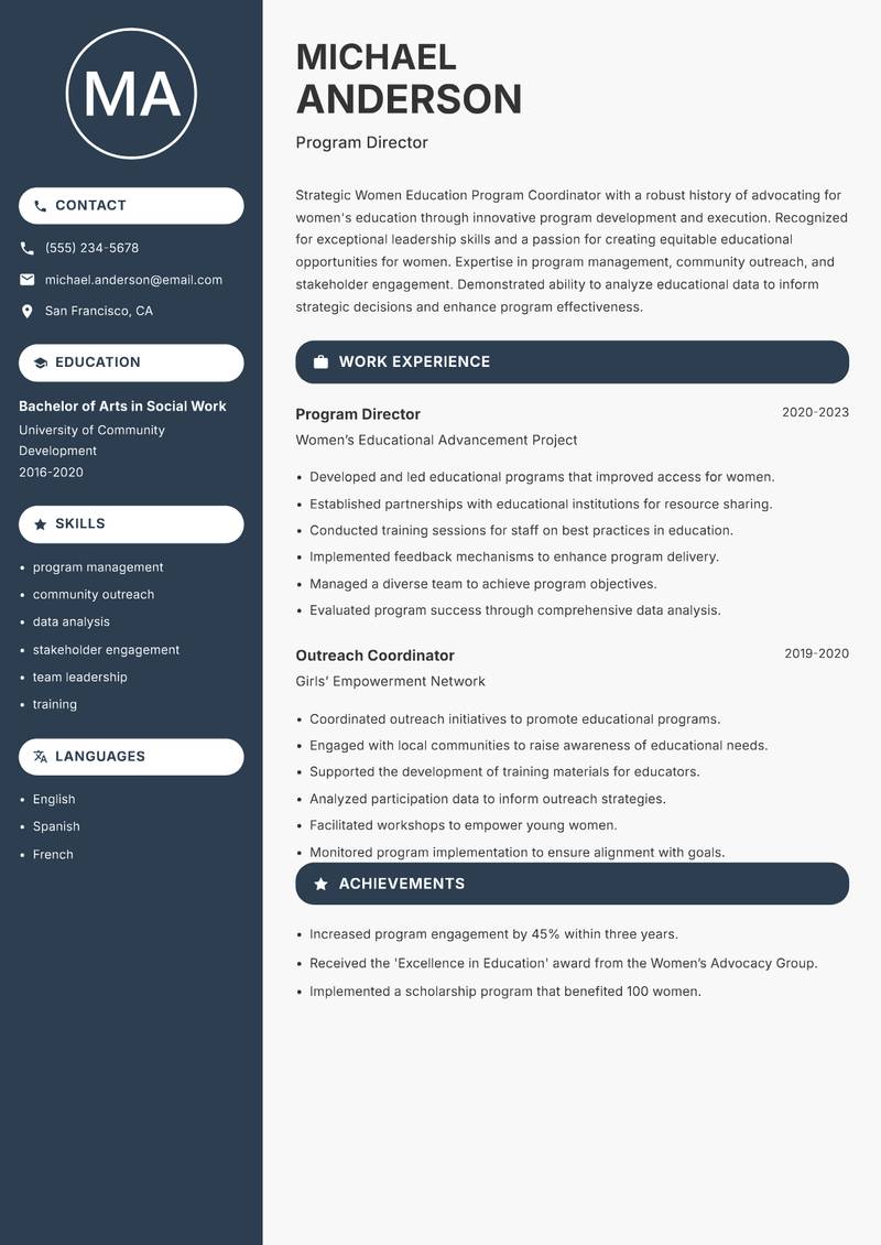 Women Education Program Coordinator resume sample — Program Director focus