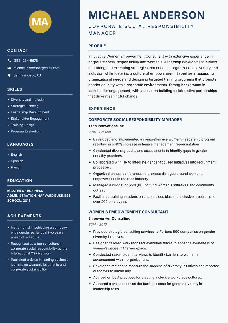 Women Empowerment Consultant resume sample — Corporate Social Responsibility Manager focus