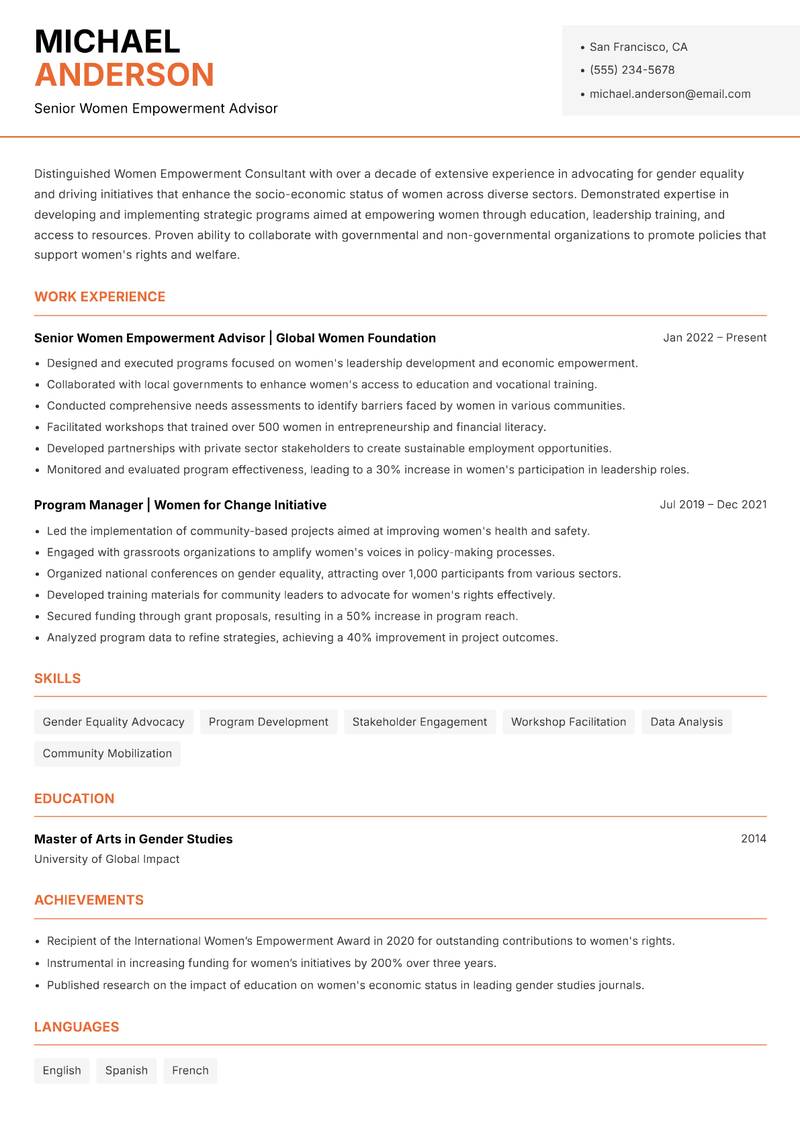Women Empowerment Consultant resume sample — Senior Women Empowerment Advisor focus
