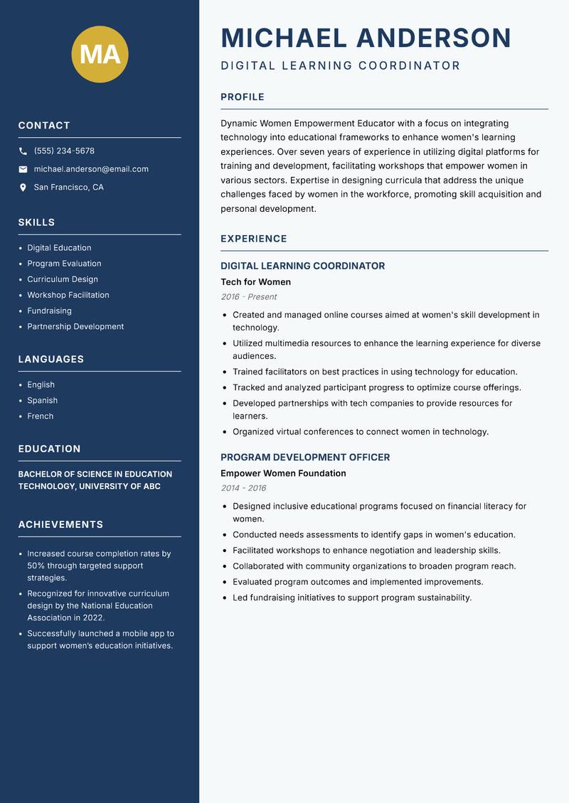Women Empowerment Educator resume sample — Digital Learning Coordinator focus