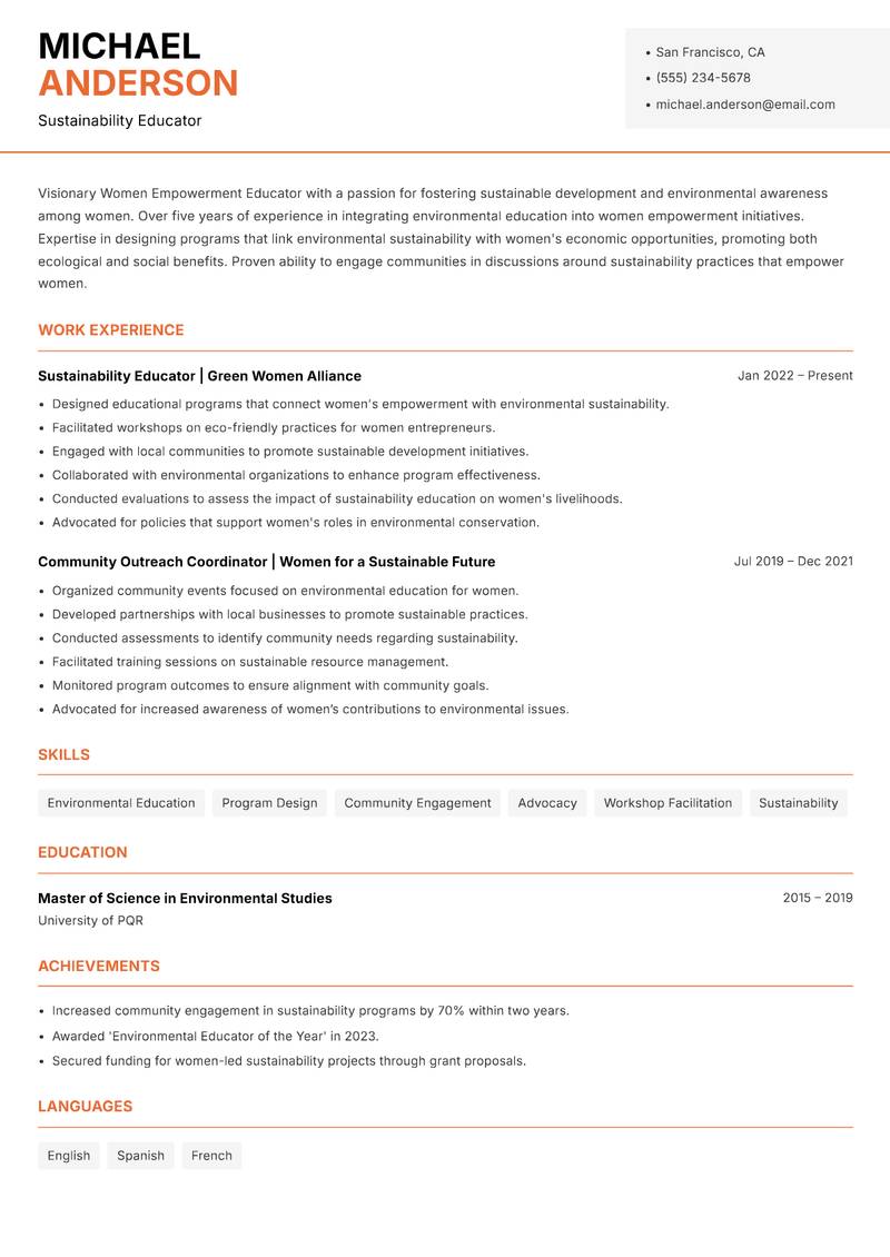 Women Empowerment Educator resume sample — Sustainability Educator focus