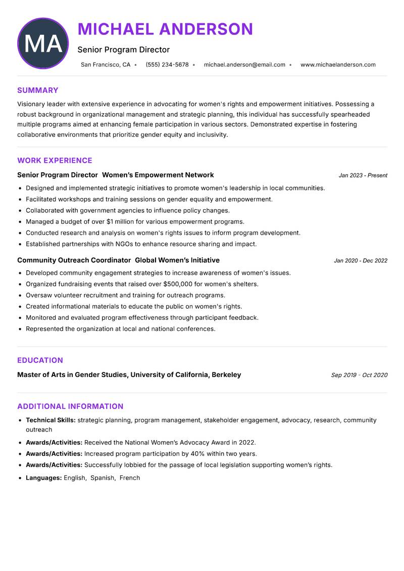 Women Empowerment Executive resume example