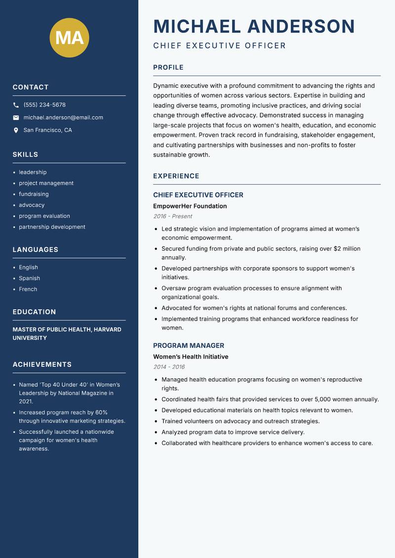 Women Empowerment Executive resume sample — Chief Executive Officer focus