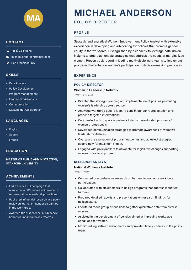 Women Empowerment Policy Analyst resume sample — Policy Director focus