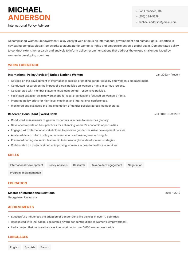 Women Empowerment Policy Analyst resume sample — International Policy Advisor focus