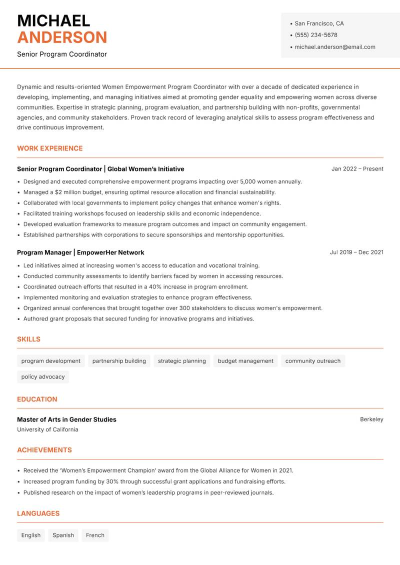 Women Empowerment Program Coordinator resume sample — Senior Program Coordinator focus
