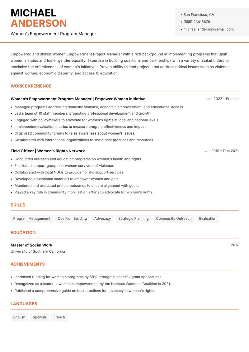 Women Empowerment Project Manager resume sample — Women’s Empowerment Program Manager focus