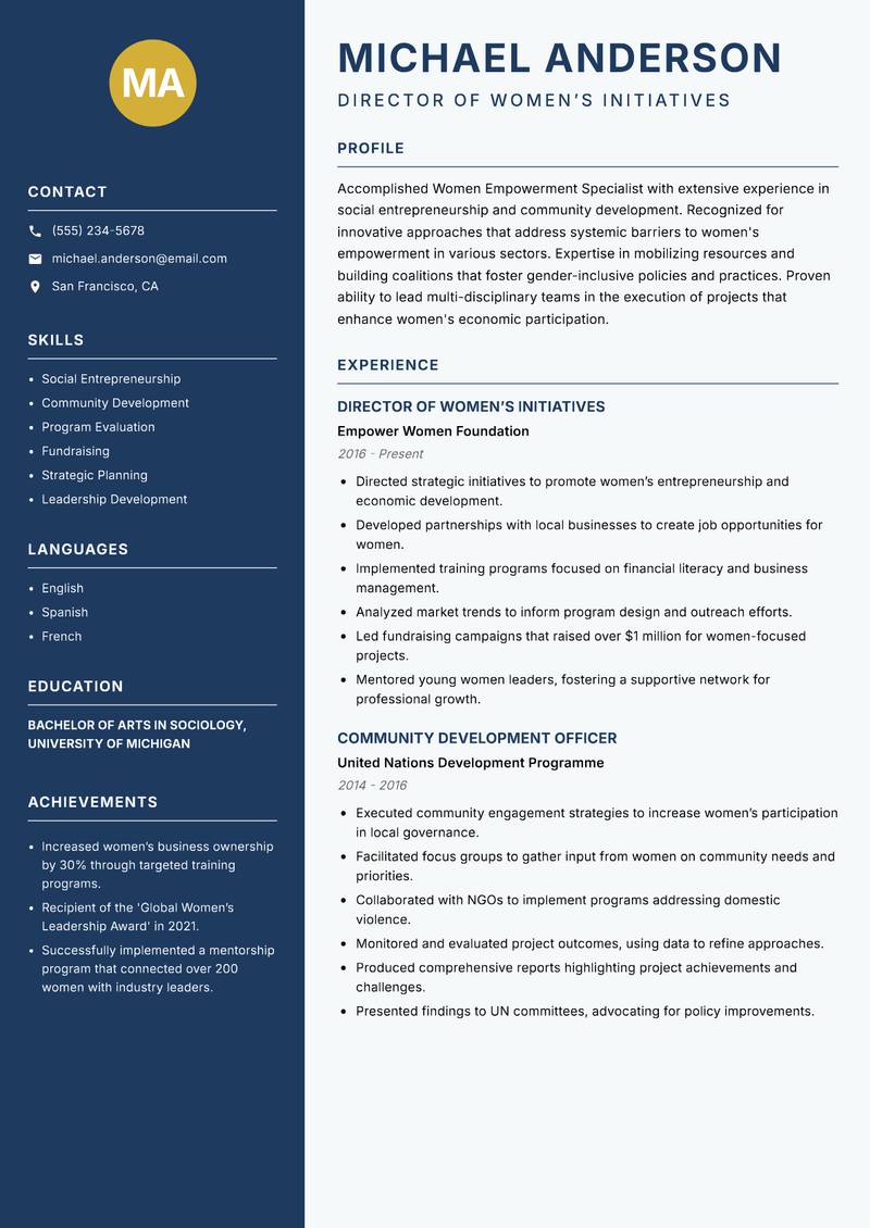 Women Empowerment Specialist resume sample — Director of Women’s Initiatives focus