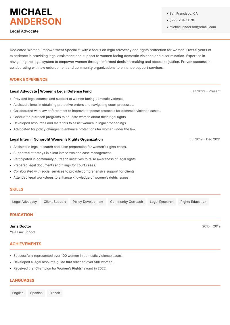 Women Empowerment Specialist resume sample — Legal Advocate focus