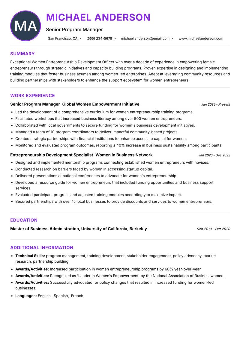 Women Entrepreneurship Development Officer resume example