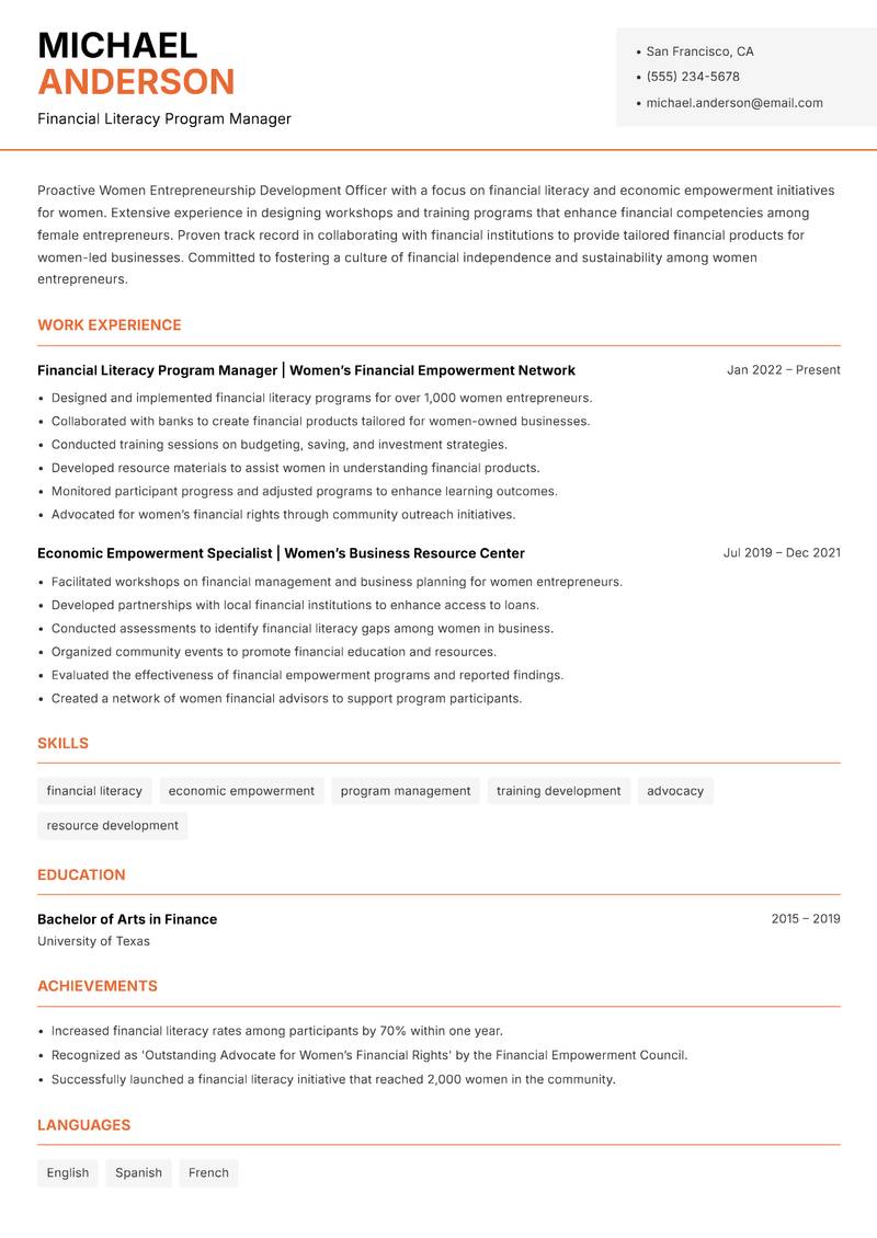 Women Entrepreneurship Development Officer resume sample — Financial Literacy Program Manager focus