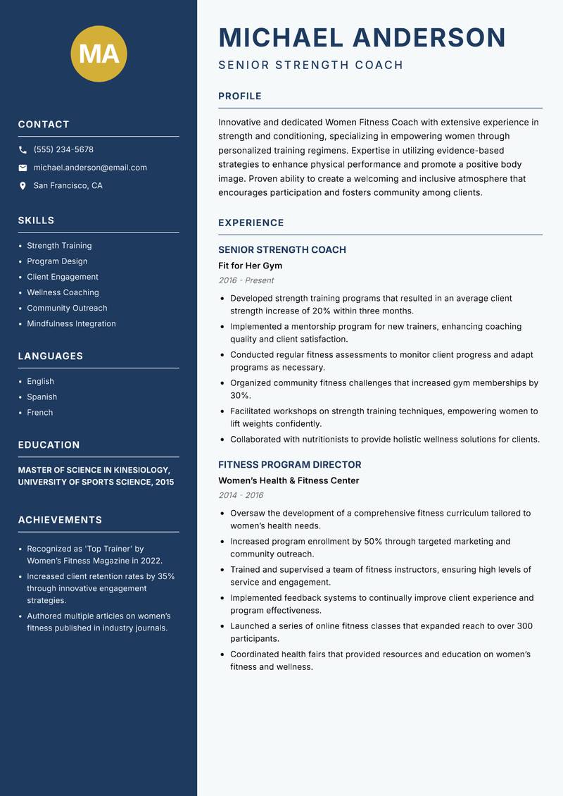 Women Fitness Coach resume sample — Senior Strength Coach focus