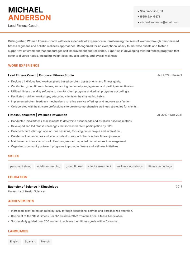 Women Fitness Coach resume sample — Lead Fitness Coach focus