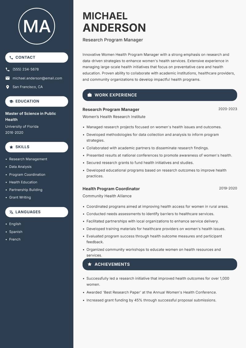 Women Health Program Manager resume sample — Research Program Manager focus