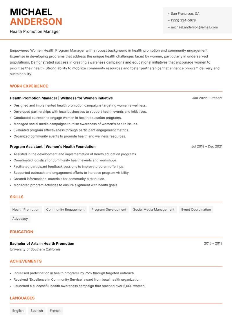 Women Health Program Manager resume sample — Health Promotion Manager focus