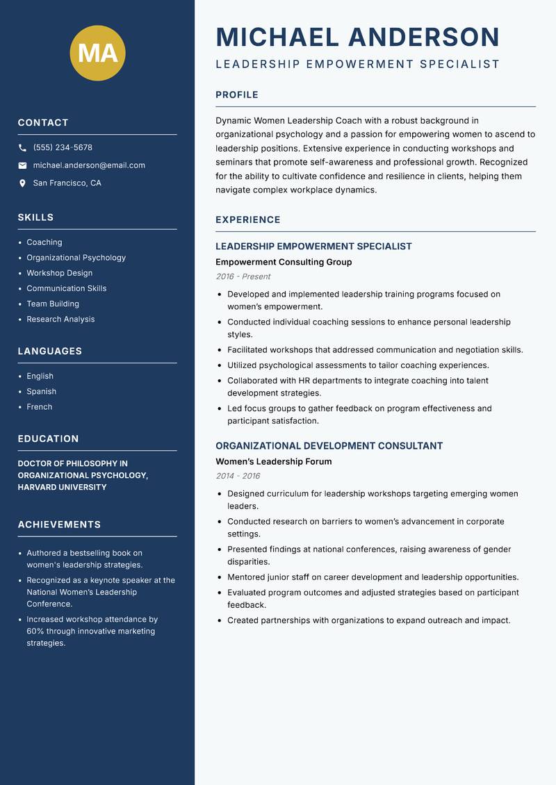 Women Leadership Coach resume sample — Leadership Empowerment Specialist focus