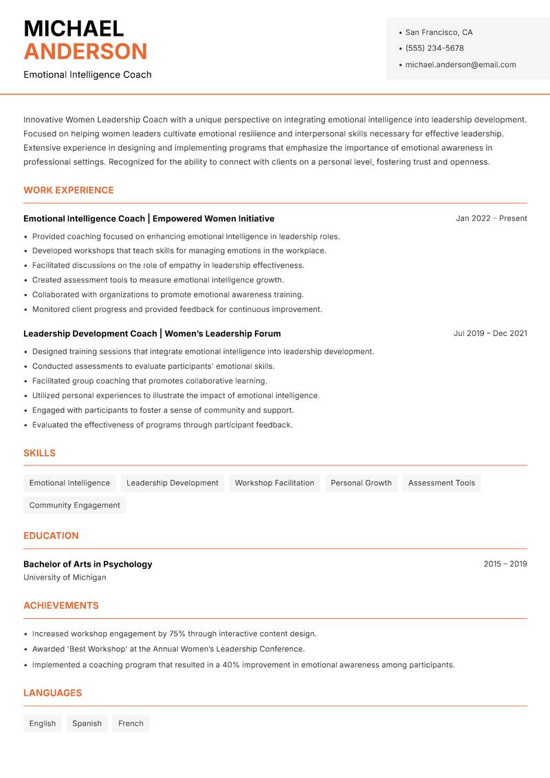 Women Leadership Coach resume sample — Emotional Intelligence Coach focus