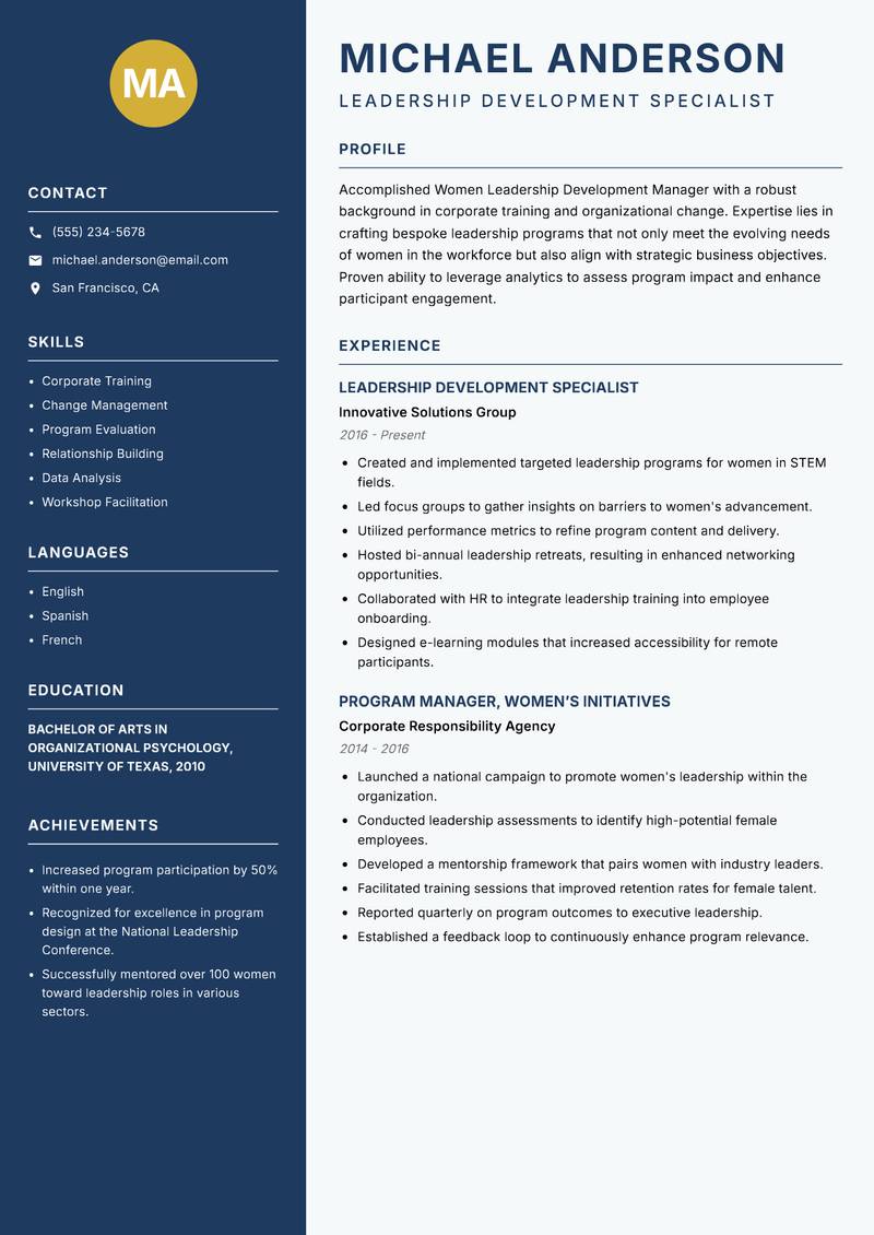 Women Leadership Development Manager resume sample — Leadership Development Specialist focus