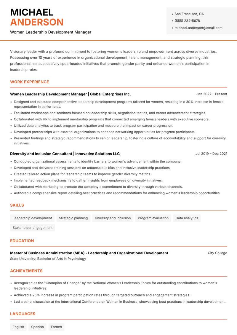 Women Leadership Development Manager resume sample — Women Leadership Development Manager focus