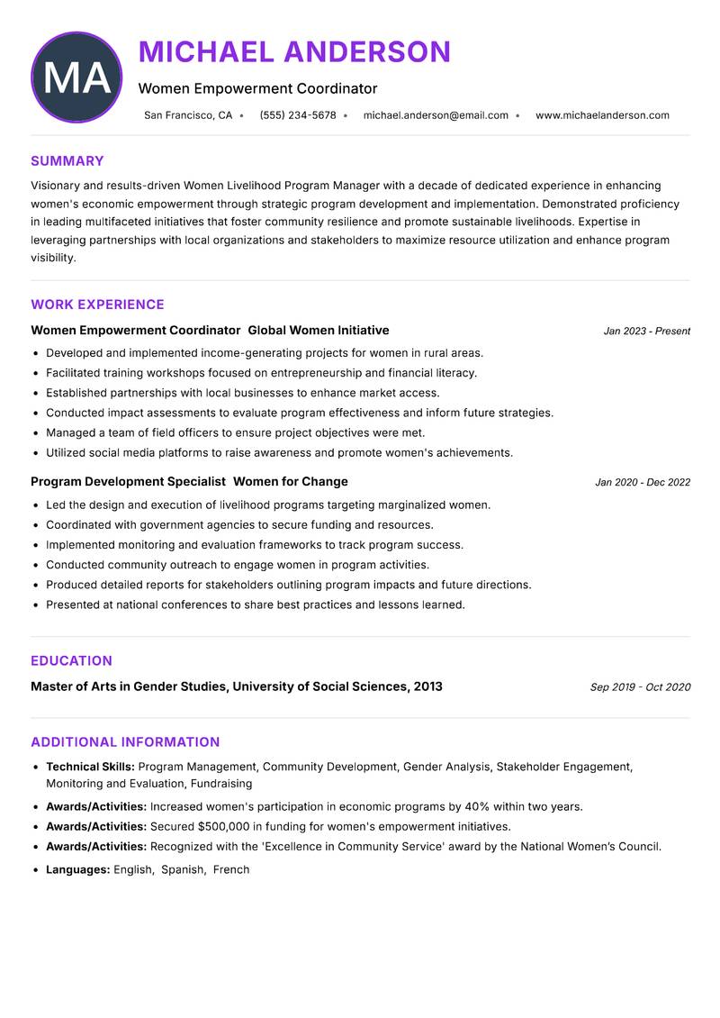 Women Livelihood Program Manager resume example