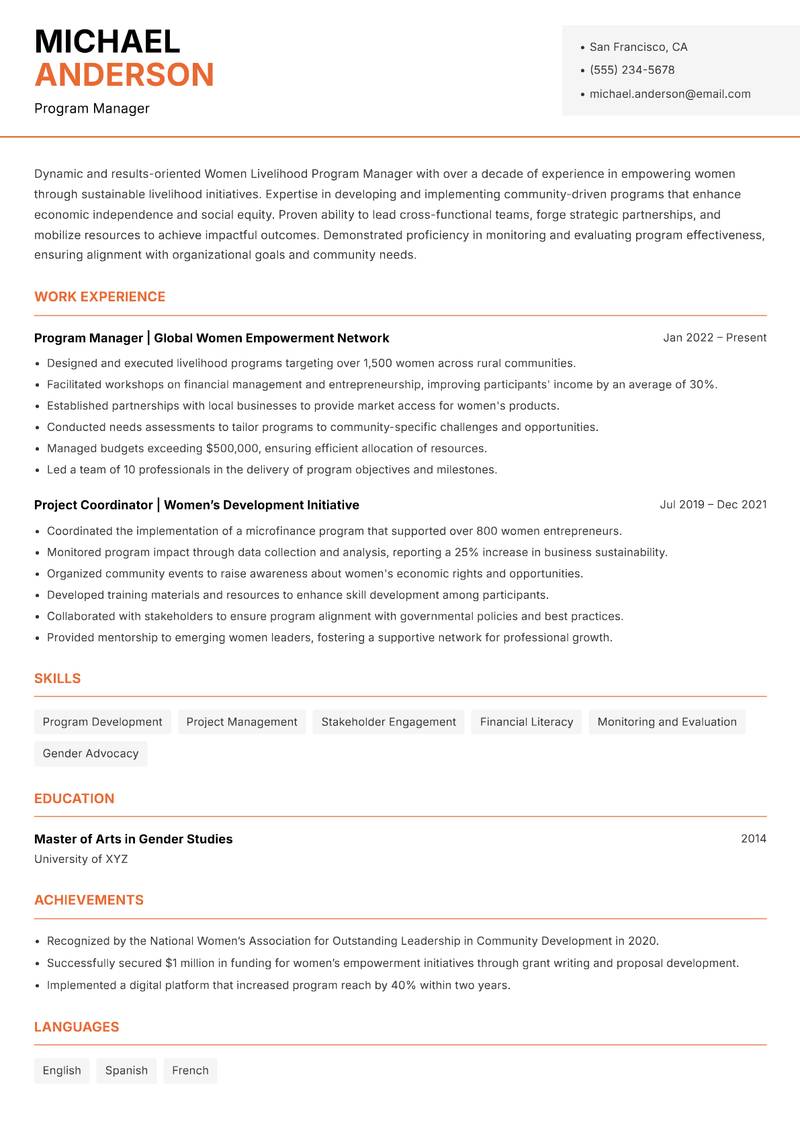 Women Livelihood Program Manager resume sample — Program Manager focus