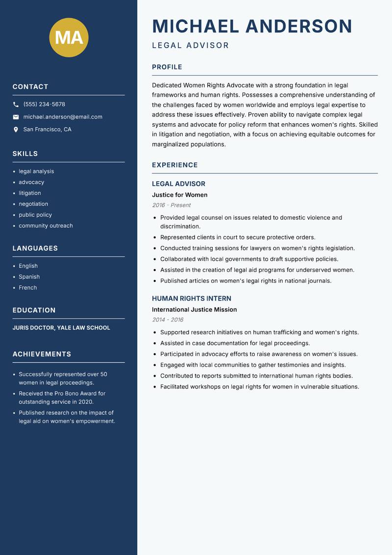 Women Rights Advocate resume sample — Legal Advisor focus