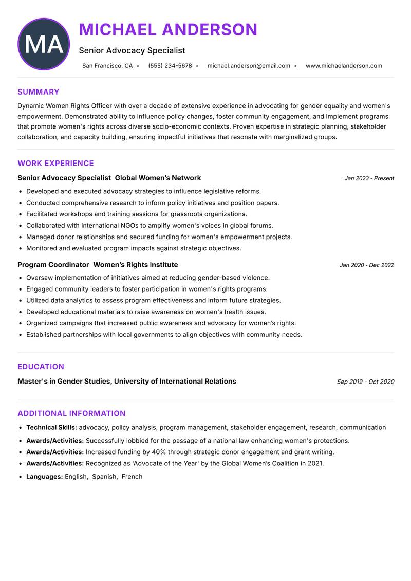 Women Rights Officer resume example