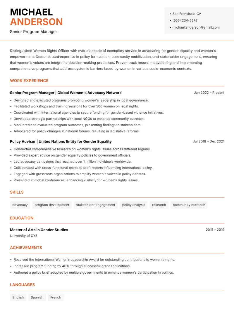 Women Rights Officer resume sample — Senior Program Manager focus