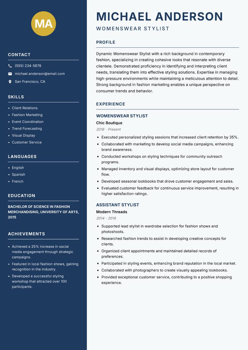 Womenswear Stylist resume sample — Womenswear Stylist focus