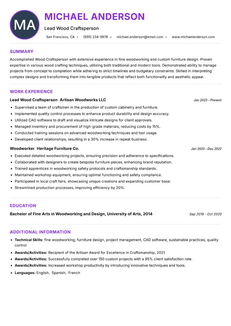 Wood Craftsperson resume example