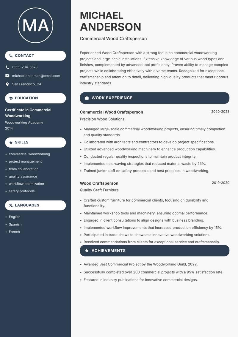 Wood Craftsperson resume sample — Commercial Wood Craftsperson focus