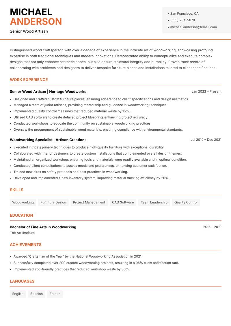 Wood Craftsperson resume sample — Senior Wood Artisan focus