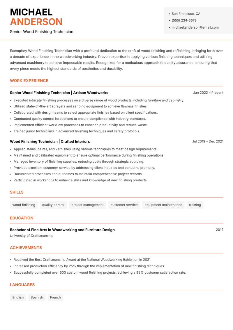 Wood Finishing Technician resume sample — Senior Wood Finishing Technician focus