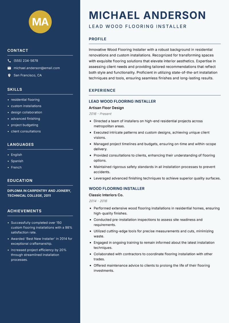 Wood Flooring Installer resume sample — Lead Wood Flooring Installer focus