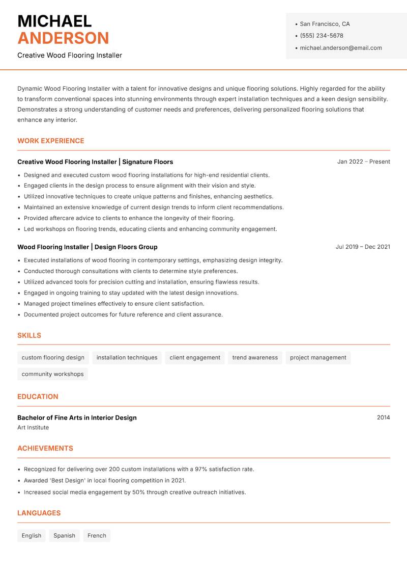 Wood Flooring Installer resume sample — Creative Wood Flooring Installer focus