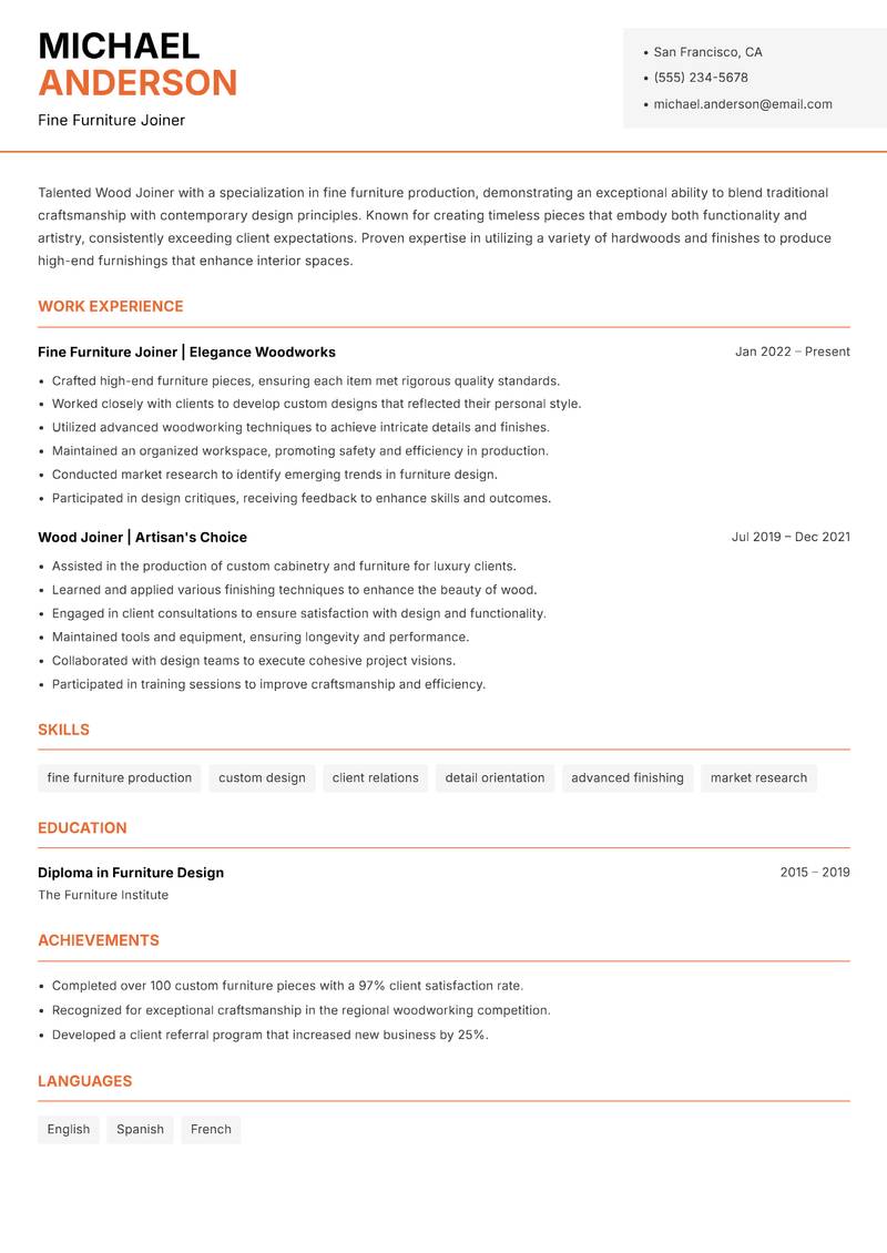 Wood Joiner resume sample — Fine Furniture Joiner focus