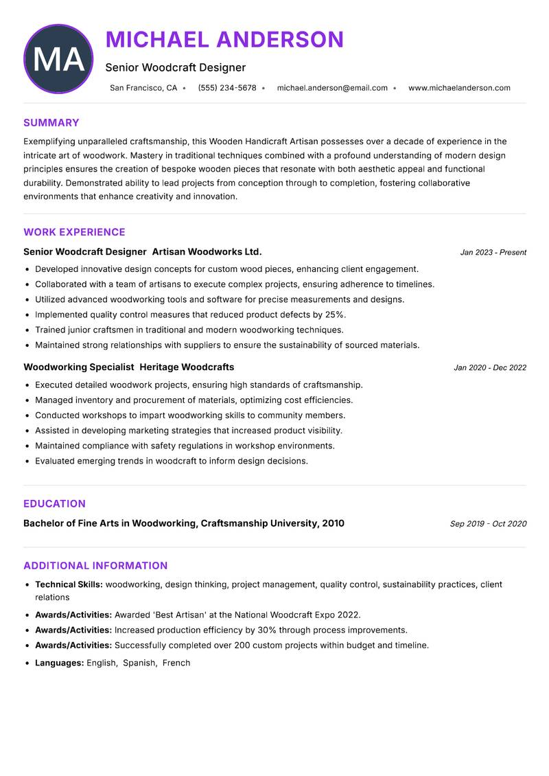 Wooden Handicraft Artisan resume example