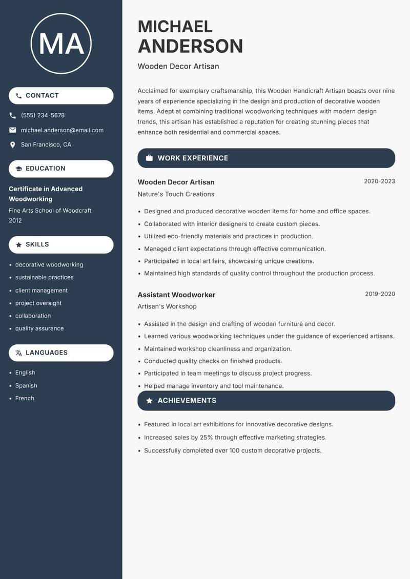Wooden Handicraft Artisan resume sample — Wooden Decor Artisan focus