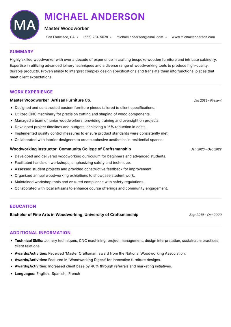 Woodworker resume example